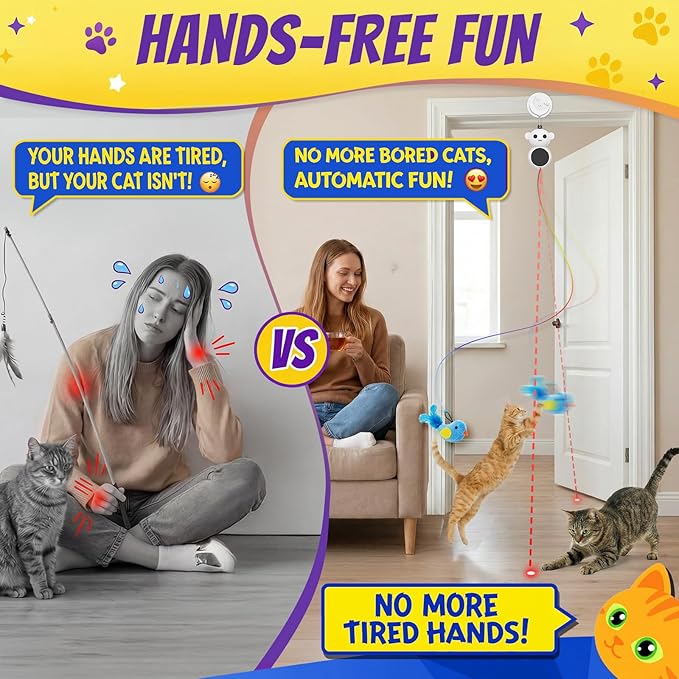 Interactive Cat Toys for Indoor Cats - 2 in 1 Automatic Laser Pointer Cat Toy with Feather Flying Bird，Smart Moving Mouse Wand Toy, Auto On/Off Hanging Toys for Bored Kitten & Adult Cats(Blue)