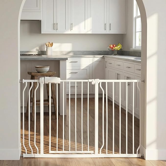 Extra Wide Baby Gate 48-53 Inch, Tension Mounted No Drilling, Pressure Mounted Indoor Safety Gate for Stairs & Doorways - Metal Design for Kids and Pets, White