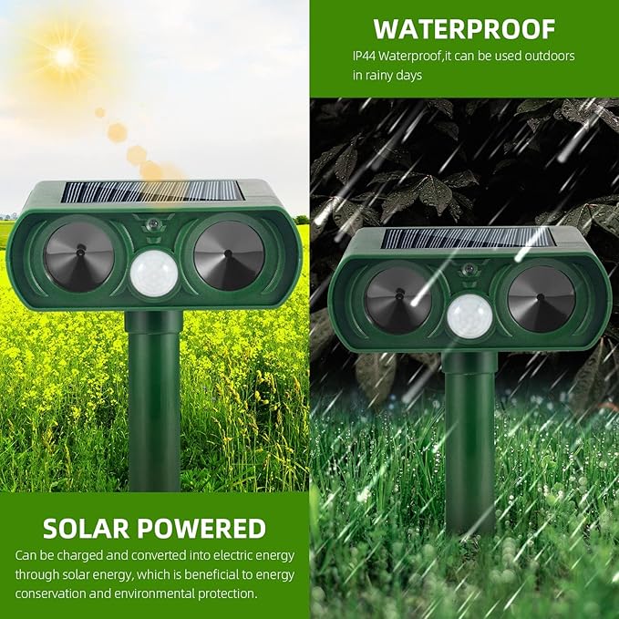 Solar Ultrasonic Animal Repeller Outdoor Deer Repellent Devices with Motion Sensor Waterproof Animal Deterrent Devices to Scare Cat Dog Squirrel Rabbit Raccoon Skunk Repellent for Yard Garden Lawn
