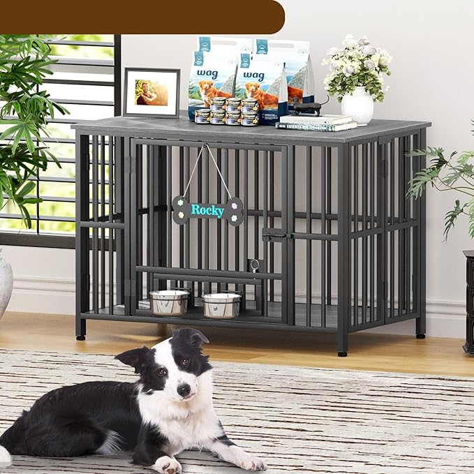 Easycom 41" Dog Crate Furniture Foldable, No Assembly Decorative Dog Kennel Indoor, Dog Crates for Large Dogs(35-60 lb), Wooden Dog Cage with Adjustable Bowls and Name Tag, End Table, Dark Grey
