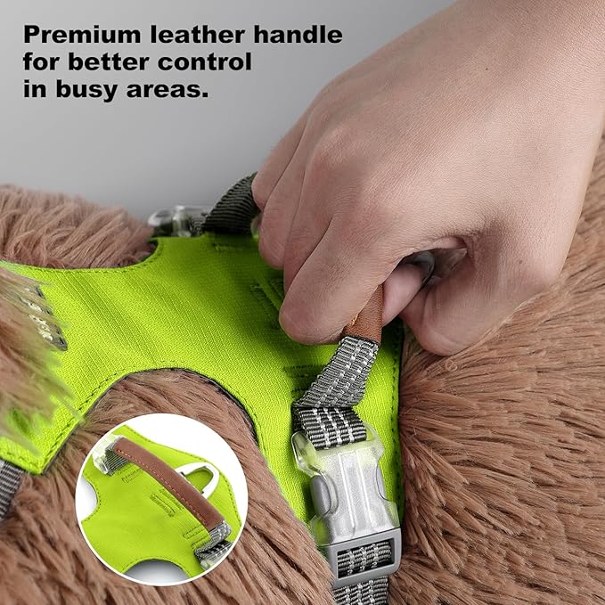 No Pull Dog Harness – Adjustable Reflective Nylon Vest for Small Medium Large Dogs, Escape Proof Training Harness with Leather Control Handle, Lightweight Aluminum Hardware (Green, L)