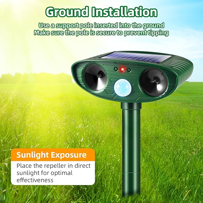 2026 Upgraded Solar Ultrasonic Animal Repellent Outdoor Deer Repellent Devices Cat Deterrent Motion Sensor IP65 Waterproof Repeller Keep Possum Skunk Rodent Squirrel Raccoon Out of Yard Farm,4 Pack
