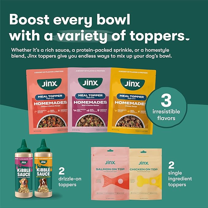 Jinx Salmon Grain Free Wet Dog Food Toppers, Meal or Mix with Dry Dog Food, Made with Real Salmon & Chicken, Bone Broth, No Fillers, Puppy, Adult, Senior, 3oz, 8 Pack