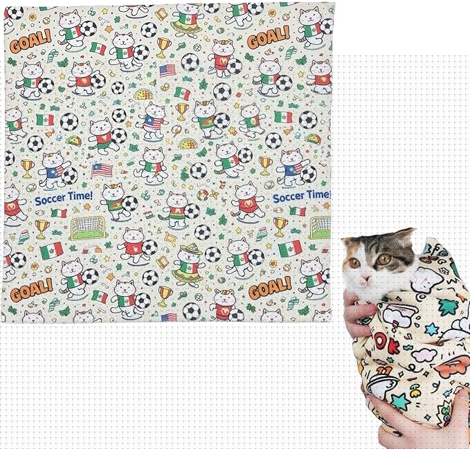 35.5" Extra Large Cat Grooming Wrap – Anti-Escape Cat Wrap for Cutting Nails, Brushing & Medication – Soft, Comfortable, Reusable, Self-Adhering, Holds Cats Up to 22lbs (Soccer Time)
