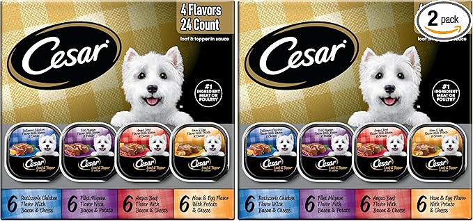 Cesar Loaf in Sauce Wet Dog Food Rotisserie Chicken,Filet Mignon,Angus Beef,and Ham & Egg Flavors Variety Pack,Wet Food for Dogs,3.5 oz Easy Peel Trays,24 Count (Pack of 2)