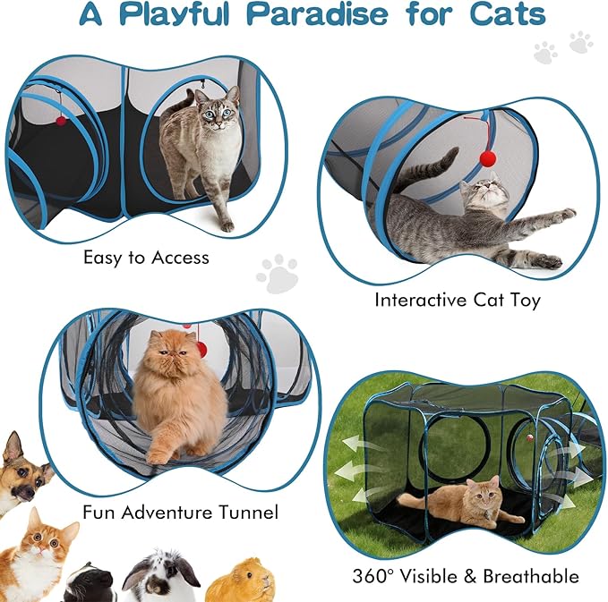 Outdoor Cat Enclosure, 4-in-1 Cat Tent Outdoor Pet Playpen with Tunnel, Portable Catio Play Pen for Outside and Indoor Cat Enclosure with Storage Bag for Kitty and Small Animals