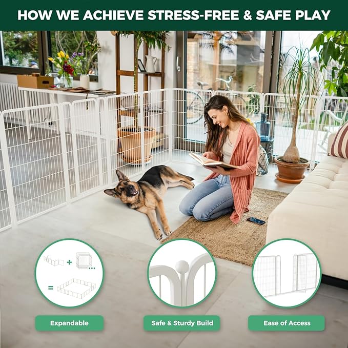 FXW Homeplus Unleashed Indoor Dog Playpen - Stress-Free and Safe Play, Heavy Duty 45 Inch 24 Panels Dog Pen for Medium and Large Dogs, White│Patented