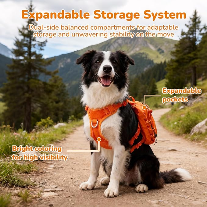 Small Dog Harness Backpack, No Pull Adjustable Dog Vest with Handle & Leash Ring, Lightweight Dog Backpack with Side Pockets for Walking, Training & Day Hikes, Orange, S