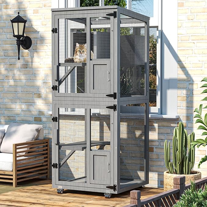 2 in 1 Catio Outdoor Cat Enclosure, 4 Tier Outdoor Cats House with 4 Wheels, Cat Enclosure Window Access with Removable Floor, Upgraded Resting Box, Waterproof Roof, Indoor Pet Cage, Grey