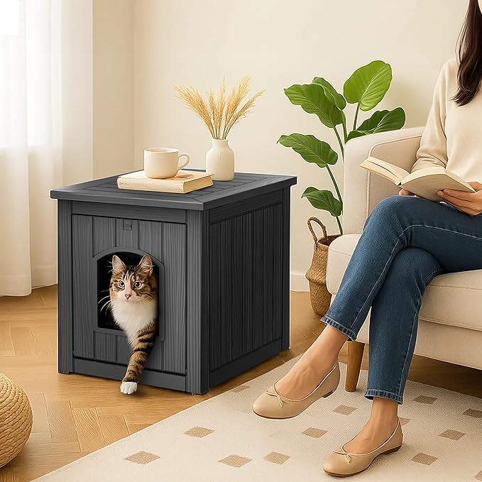 DRATO Indoor & Outdoor Cat House, Durable Resin Pet Shelter with Weatherproof Design, Spacious Interior & Easy Assembly for Multiple Settings