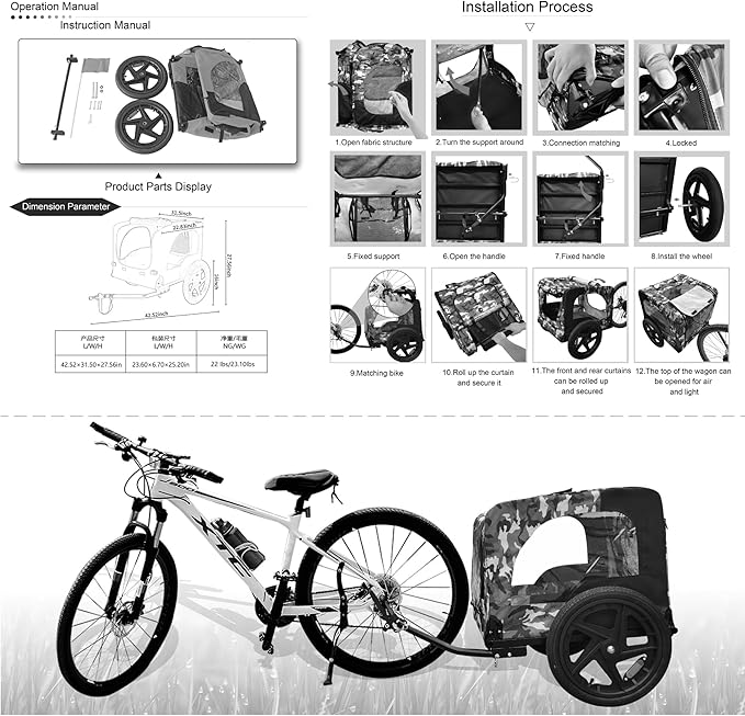 Collapsible Pet Bike Trailer, Portable Dog Bicycle Trailer with Enhanced Safety Design, Weatherproof & Ventilated Pet Carrier for Small to Medium Pets Up to 66 lbs (Dark Grey)