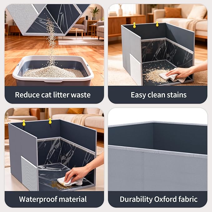 Aokeyee Cat Litter Box Enclosure Splash Guard, Extra Large 27"x22"x17" Foldable Waterproof Shield with Removable PVC Mat, Easy Clean Pet Litter Box Cover with 2 Hooks