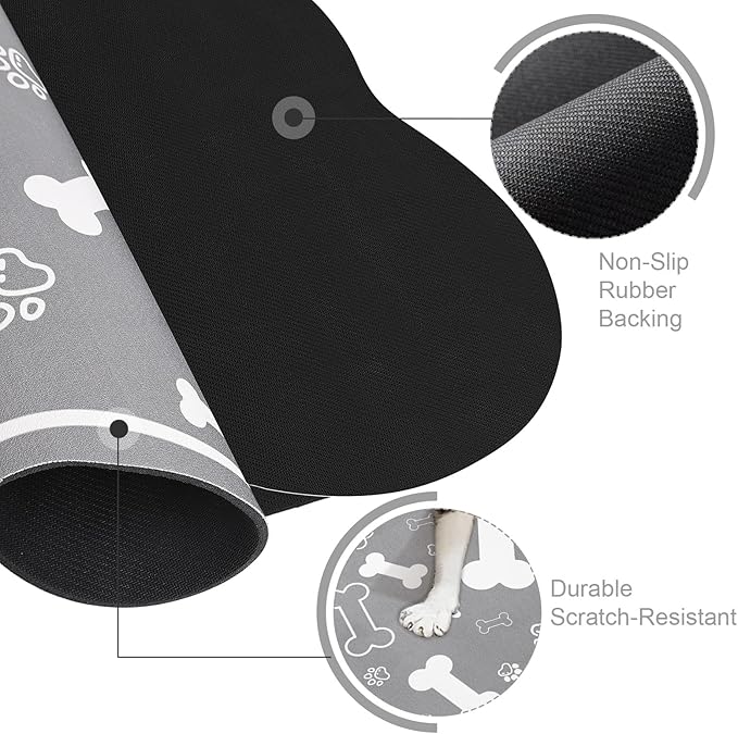Dog Cat Food Mat,Rapid Absorbent Pet Feeding Mat, Bone Shaped Dog Placemat Water Bowl Mat with Rubber Backing,No Stains Dog Cat Food Mats Indoor, Pet Accessories Supplies 12"x18" Grey