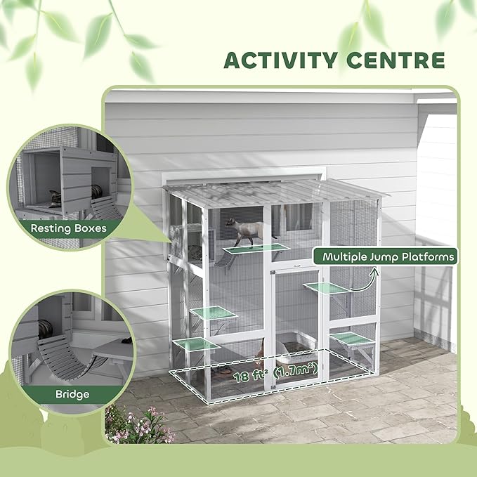 PawHut Catio Outdoor Cat Enclosure Window Box, Wooden Cat House Playground with Scratching Posts, Weather Protection Roof for 1-2 Kitties, Resting Boxes, 68" x 35.5" x 70.5", White