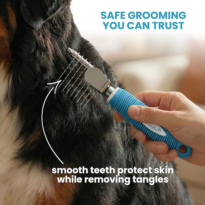 Poodle Dematting Fur Rake Comb Brush for Dogs and Cats - Long 2.5" Steel Safety Blades Metal Comb for Detangling Matted or Knotted Undercoat Hair