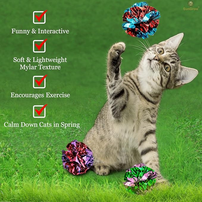 SunGrow 12 Pack Cat Crinkle Balls - 2 Inch Toys for Indoor Pets - Keep Your Feline Energetic & Excited with Vibrant Colors, Lightweight Design for Long-Lasting Fun, Perfect for Playtime