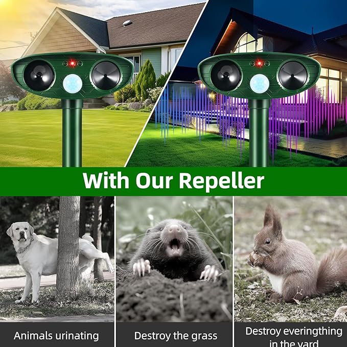 4 Pack 2026 Solar Ultrasonic Animal Repellent Outdoor Cat Squirrel Deer Repellent Devices Rabbit Deterrent for Garden,Animal Repeller with Motion Sensor for Dog Skunk Raccoon Rabbit Rodent