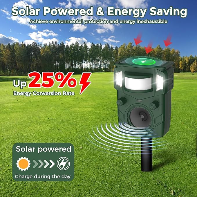 Solar Ultrasonic Animal Repellent, Multi-Modes Deer Repellent Devices,Cat Deterrent Outdoor, Squirrel Raccoon Dog Deterrent with Motion Sensor & Ultrasonic Waves for Garden Yard 2PC Green