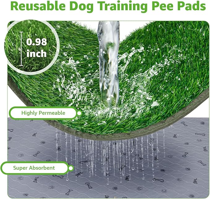 Dog Grass Mat with Pee Pad, Artificial Indoor Turf Grass Potty Training Pads for Dogs Tray Doggies Washable Reusable Puppy Pads Leakproof Pee on Outdoor Patio Balcony Apartment(24.5x39'')