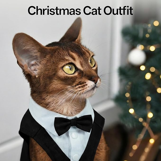 PUMYPOREITY Cat Tuxedo Suit Formal Wear with Bow Tie, Soft Skin-Friendly Cat Costumes for Cats Only, Elegant Outfit for Male Female Cats, Perfect for Wedding Birthday Photo Shoots, XL, Black