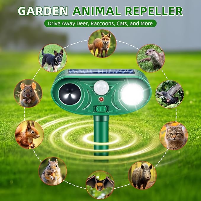 2026 Solar Animal Repellent Outdoor&Cat Repellent Outdoor Rabbit Squirrel Deer Repellent Devices Coyote Raccoon Fox Deterrents with Motion Sensor & LED Waterproof Cat Deterrent for Garden Yard 4 Pack