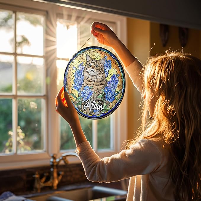 Lovely POD Personalized Cat Memorial Suncatcher Ornament, Suncatcher Stained Glass Windows for Pet, Sympathy Ornament Window Hanging Gift for Loss of Cat, Thoughtful Sympathy Gifts for Pet Day