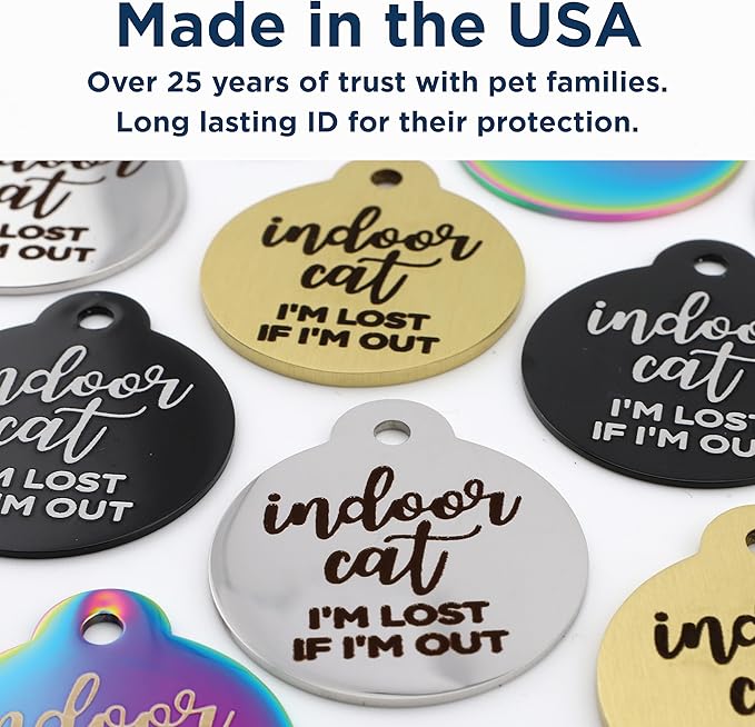GoTags Personalized Small Indoor Cat Tag - Engraved with 4 Lines of Custom ID, Rainbow Stainless Steel Round Pet ID Tag
