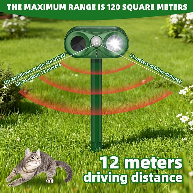 Upgraded Ultrasonic Animal Repeller,Solar Powered Cat Repellent Outdoor,Deer Deterrent with LED Flashing Motion,Sensor and Sound,Waterproof Bird Repeller for Dog Fox Garden Patio Dark-Green