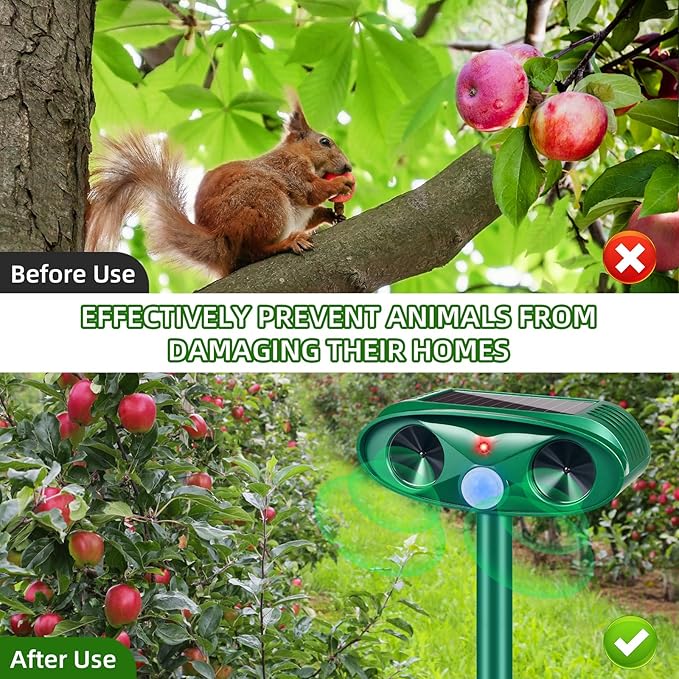 2 Pack 2025 Solar Ultrasonic Animal Repellent Outdoor,Sonic Fortress Pro Deer Repellent Motion Detection,Waterproof Squirrel Mouse Raccoon Dog Cat Rabbit Repellent Deterrent for Garden Yard