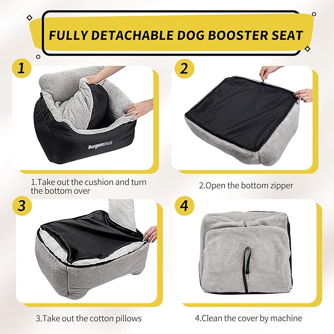 BurgeonNest Dog Car Seat for Small Dogs, Soft Pet Car Travel Home Bed Under 25 lbs, Fully Detachable and Washable Cat Booster Carseats with Storage Pockets and Clip-On Leash Portable Carrier,Black
