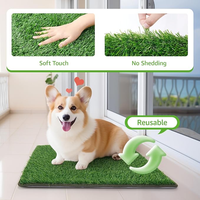 Dog Grass Mat with Pee Pad, Small Dog Litter Box Indoor Artificial Turf Grass Puppy Potty Training Pads Doggies Washable Reusable Pads Leakproof Pee on Outdoor Patio Balcony Apartment(18x30'')