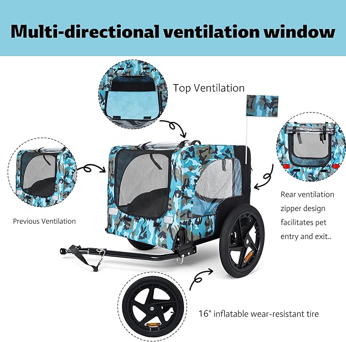 Heavy-Duty Dog Bike Trailer & Collapsible Pet Carrier for Bike with 16-Inch All-Terrain Wheels, Universal Hitch, Safety Flag & Weather-Resistant Design for Outdoor Adventures