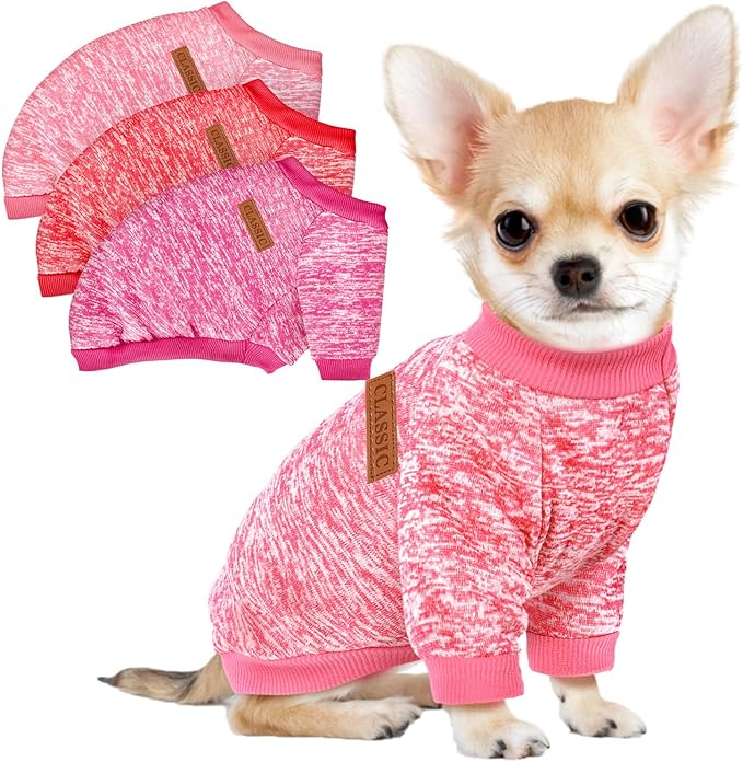 3 Pack Dog Sweaters for Small Dogs Girl Boy Winter Fleece Clothes Warm Soft Dog Sweatshirt Outfit for Dogs Cats Pet Apparel (Rose+Red+Pink, Small)