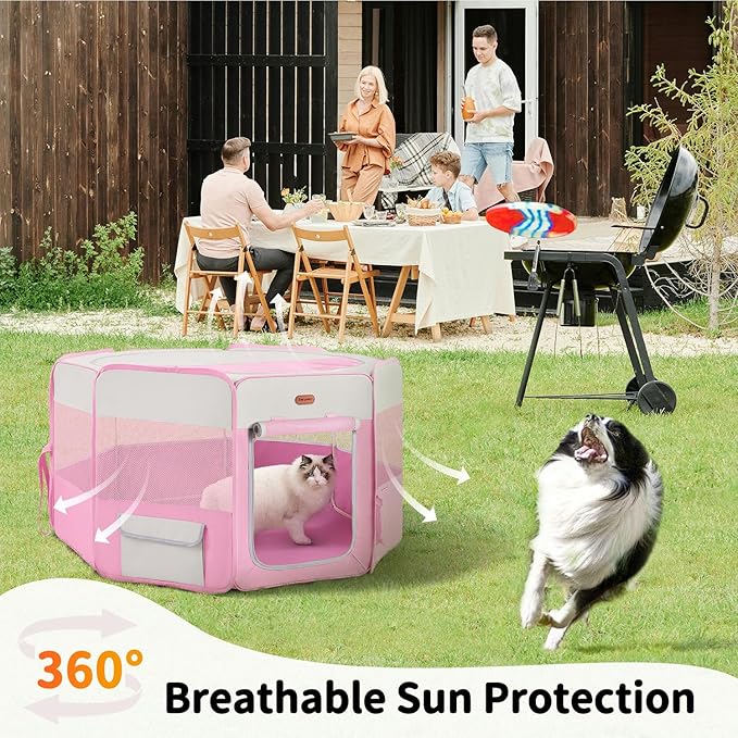 Dog Playpen, Portable Pet Playpen, Puppy Playpen, Cat Playpen with Carrying Case, Dog Playpen for Small Dogs Indoor/Outdoor, Removable Mesh Shade Cover, Pink XL