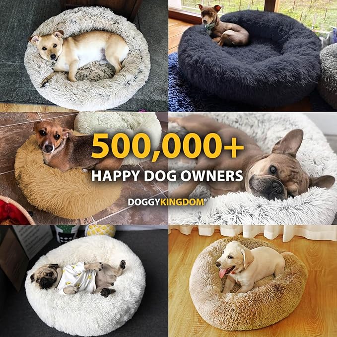 Calming Round Donut Dog Bed Pillow, Washable, Anti Anxiety, Anti-Slip, Cozy Soft Cuddler Comfort Bed with Fluffy Plush Faux Fur for Large Medium Small Sized Dog - Beige, S 28 inch