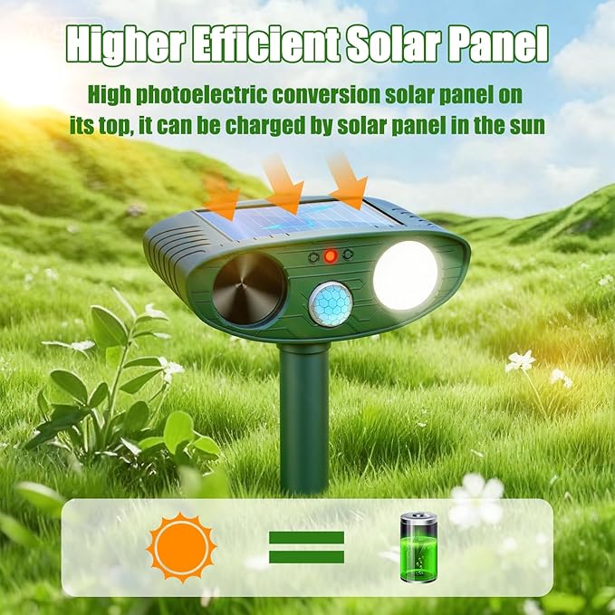 2026 Upgraded Ultrasonic Solar Animal Repellent Outdoor, Deer Repellent Devices Squirrel Cat Raccoon Rabbit Dog Deterrent with Motion Sensor Flash Light for Yard Garden Lawn (4)