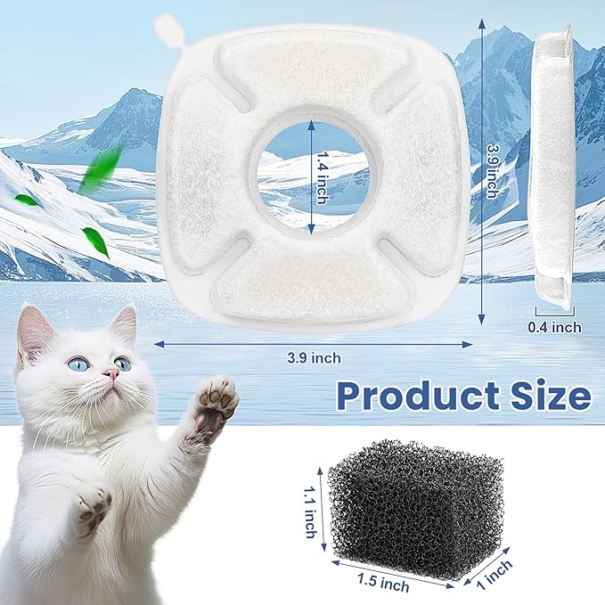 8 Pack Cat Water Fountain Replacement Filter, 4 Pcs Cat Fountain Filters & 4 Pcs Pre-Filter Sponges for 95oz/2.8L 135oz/4L 67oz/2L Automatic Pet Cats Dog Water Fountain Dispenser Filters