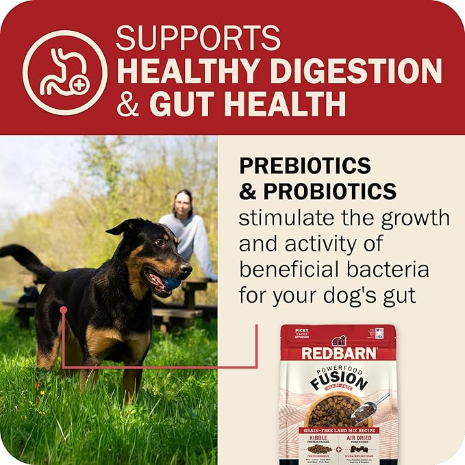 Redbarn Powerfood Fusion Air Dried Kibble Blend – Grain Free Land Beef Lamb Recipe – Made in USA Adult Dry Dog Food with Superfoods, Prebiotics, Postbiotics - 20lb Bag