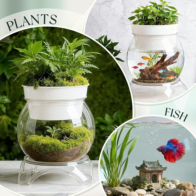 Geelin 5 Gallon Plastic Aquaponic Betta Fish Tank Aquaponic with Base and Top, Large Bowl Shatterproof Ecosystem Aquarium with Clear Clarity for Terrarium, Flower Vase Betta Fish Centerpiece Gifts
