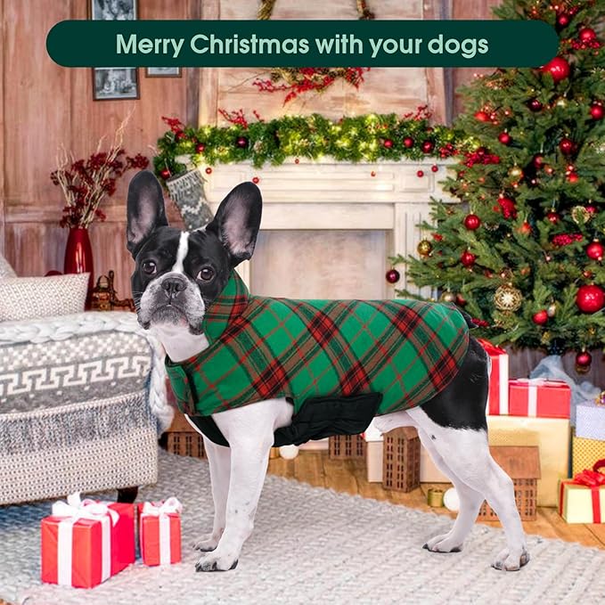 Kuoser Warm Dog Coat, Waterproof Dog Jacket for Extra Large Dogs, Adjustable Durable XXL Doggie Winter Coat Reversible Puppy Cold Weather Apparel from Small to Large Breed, Christmas Green XXL