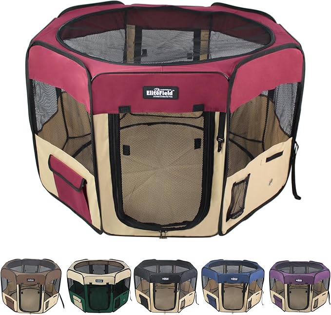 EliteField 2-Door Soft Pet Playpen (2 Year Warranty), Exercise Pen, Multiple Sizes and Colors Available for Dogs, Cats and Other Pets (62" x 62" x 36"H, Maroon+Beige)