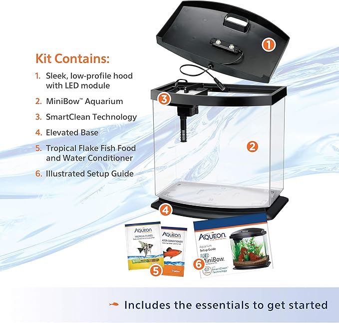 Aqueon LED MiniBow Small Aquarium Fish Tank Kit with SmartClean Technology, Black, 2.5 Gallon