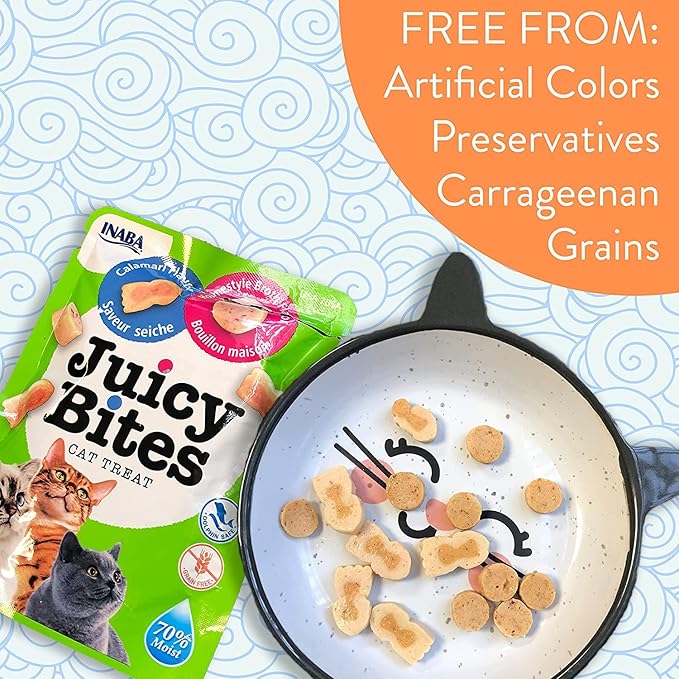 INABA Juicy Bites Grain-Free, Soft, Moist, Chewy Cat Treats with Vitamin E and Green Tea Extract, 0.4 Ounces per Pouch, 3 Pouches Total, Fish and Clam Flavor
