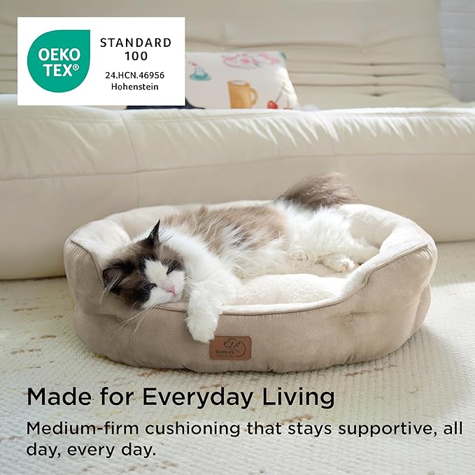 Bedsure Dog Beds for Small Dogs - Round Cat Beds for Indoor Cats, Washable Pet Bed for Puppy and Kitten with Slip-Resistant Bottom, 20 Inches, Camel