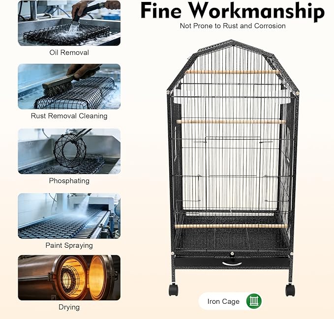 39.9'' Iron Parakeet Bird Cage, Pet Bird Flight Cages with Rolling Stand for Conures Lovebirds Cockatiels Finches Parrot Pet House, Small to Medium Birds