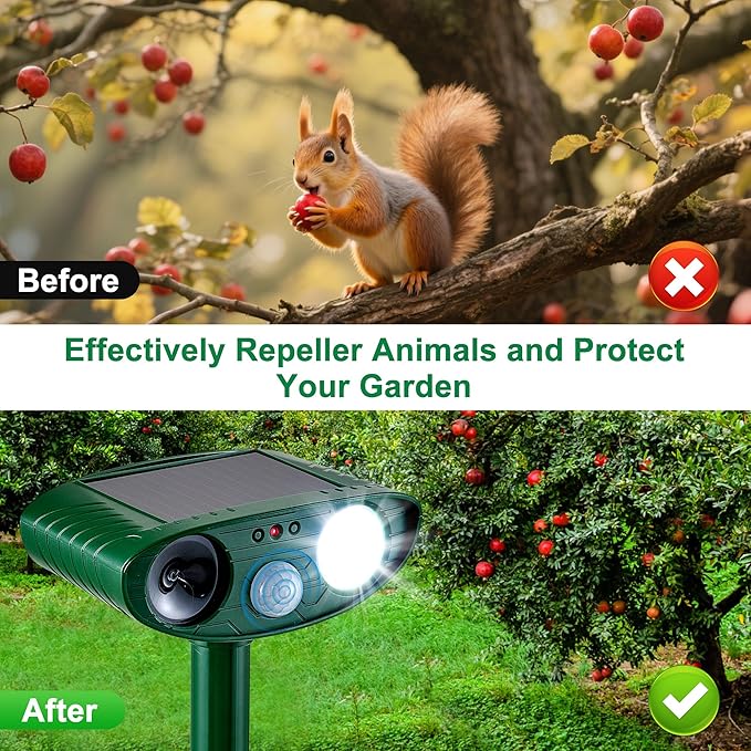 2 Pack Solar Animal Repeller for Raccoons, Deer & Squirrels - Ultrasonic & Strobe Light, Outdoor Deterrent for Cats, Dogs, Raccoons, Rabbits, Skunks, Foxes & More