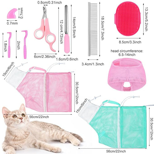10 Pcs Cat Bathing Bag Set Pet Mesh Shower Bag Anti Bite and Scratch Pet Grooming for Washing Brush, Cat Muzzle, Nail Clipper, Nail File, Tick Tool(Blue and Pink)