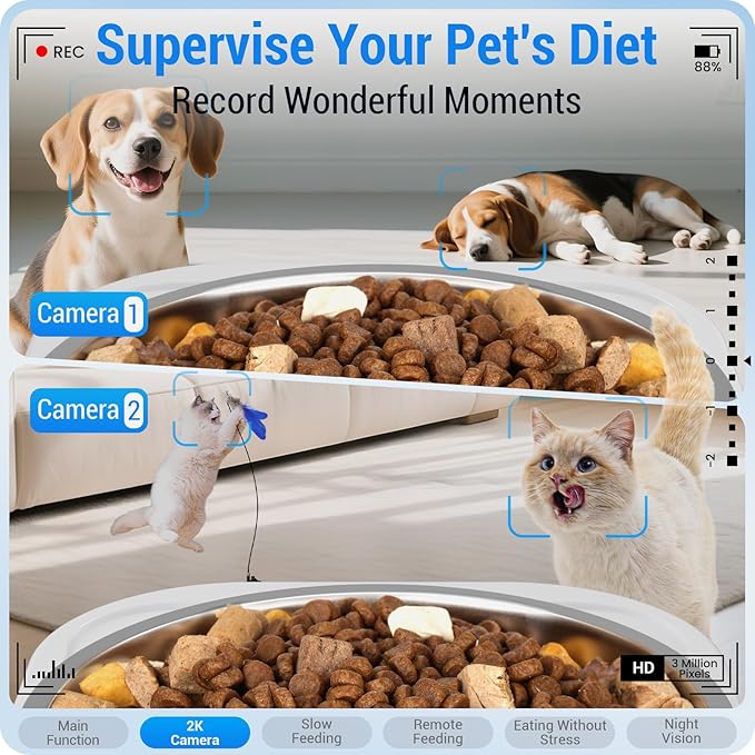 5G WiFi Automatic Cat Feeder with Two HD Camera: 7L Automatic Dog Feeder with Night Vision, Auto Cat Food Dispenser for Multiple Pet, Detachable for Easy Cleaning - 29 Cup