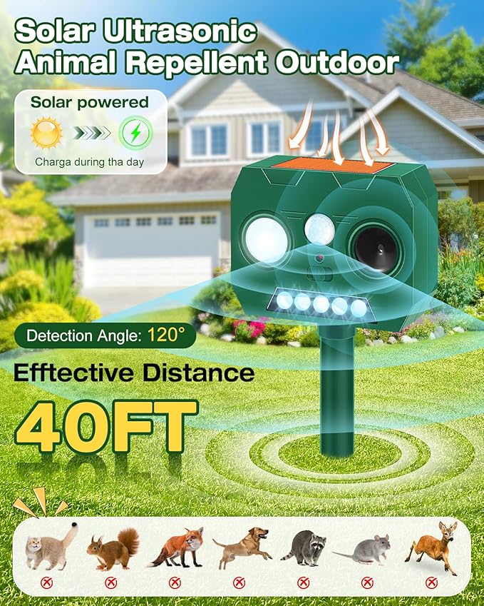 Solar Ultrasonic Animal Repellent Outdoor, 2 Pack Cat Repellent Outdoor Deer Repellent Devices with PIR Motion Sensor ＆ LED Flash, Waterproof Squirrel Repeller, Cat, Raccoons, Rabbits, Deer, Skunk