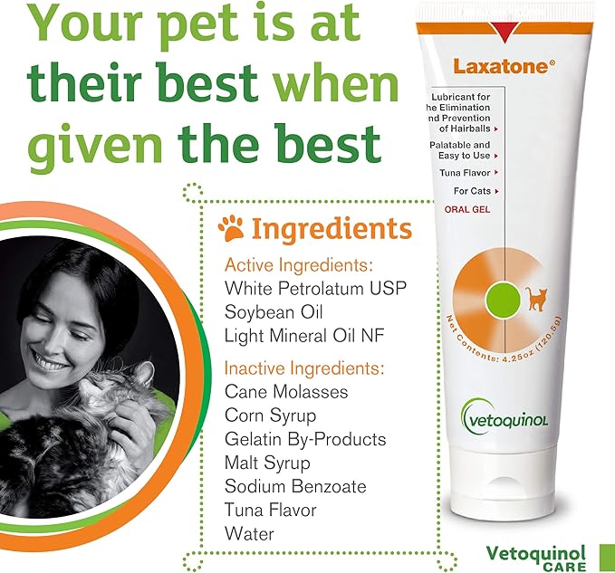 Vetoquinol Laxatone Oral Hairball Lubricant Gel for Cats – Tuna-Flavored, 4.25oz (2 Pack) – Lubricant for Helping w/Hairball Prevention & Elimination